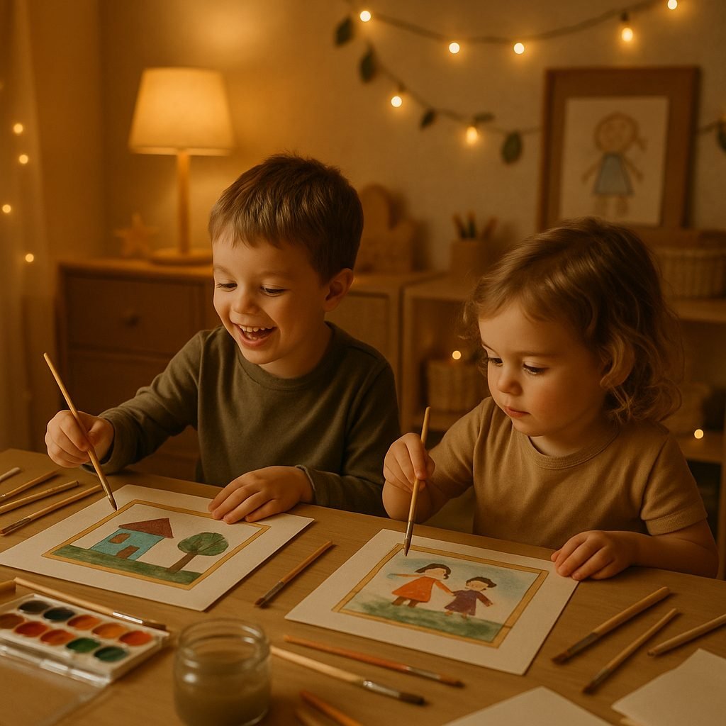 Dos niños pintan láminas de un cuento