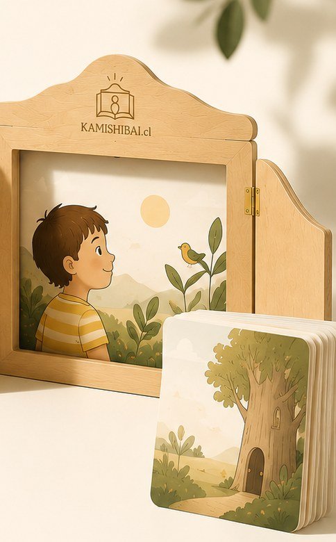 Teatrillo kamishibai de madera con una lámina ilustrada